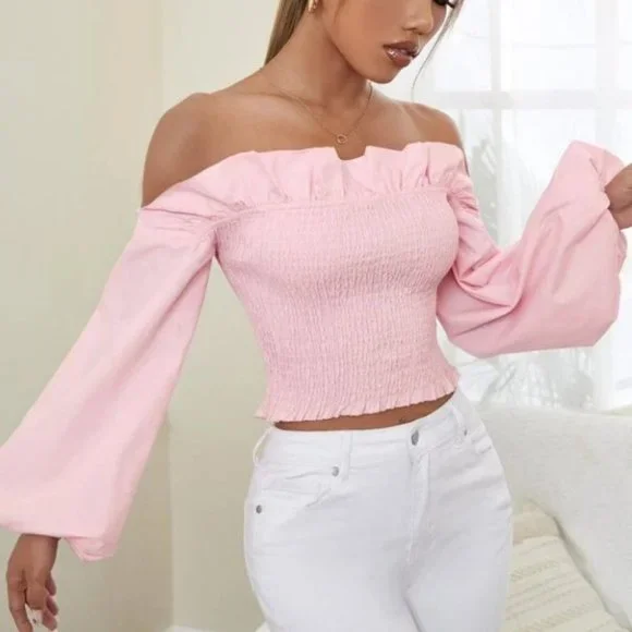 Off Shoulder Ruffle Trim Shirred Long sleeved Crop Blouse Pink - Picture 2 of 5